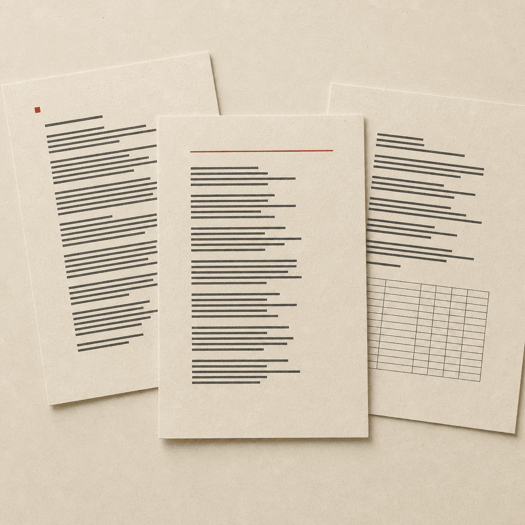 Rendu sur papier de trois artefacts du Kit Rituel : un gabarit de spec, une charte de rôle et un tableau de mesure.