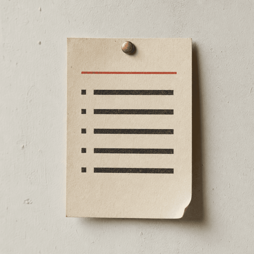Un script de cérémonie imprimé sur papier crème, épinglé au mur de l’atelier.